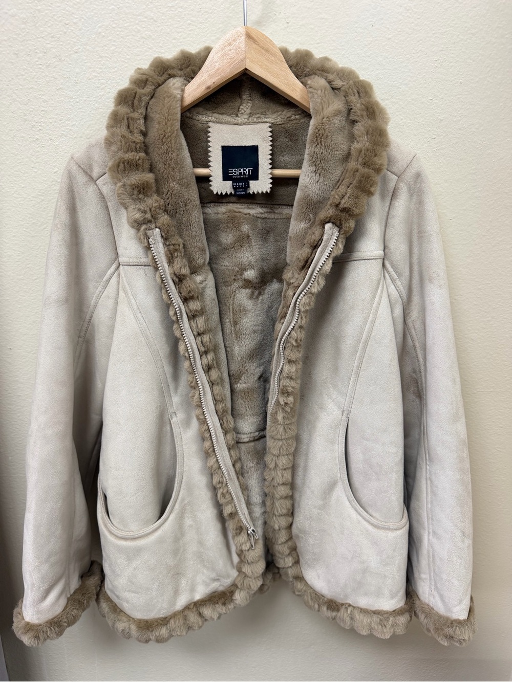 ESPRIT Womens Faux Fur Trim Suede Zip- Up Coat Penny Lane Style Winter Jacket